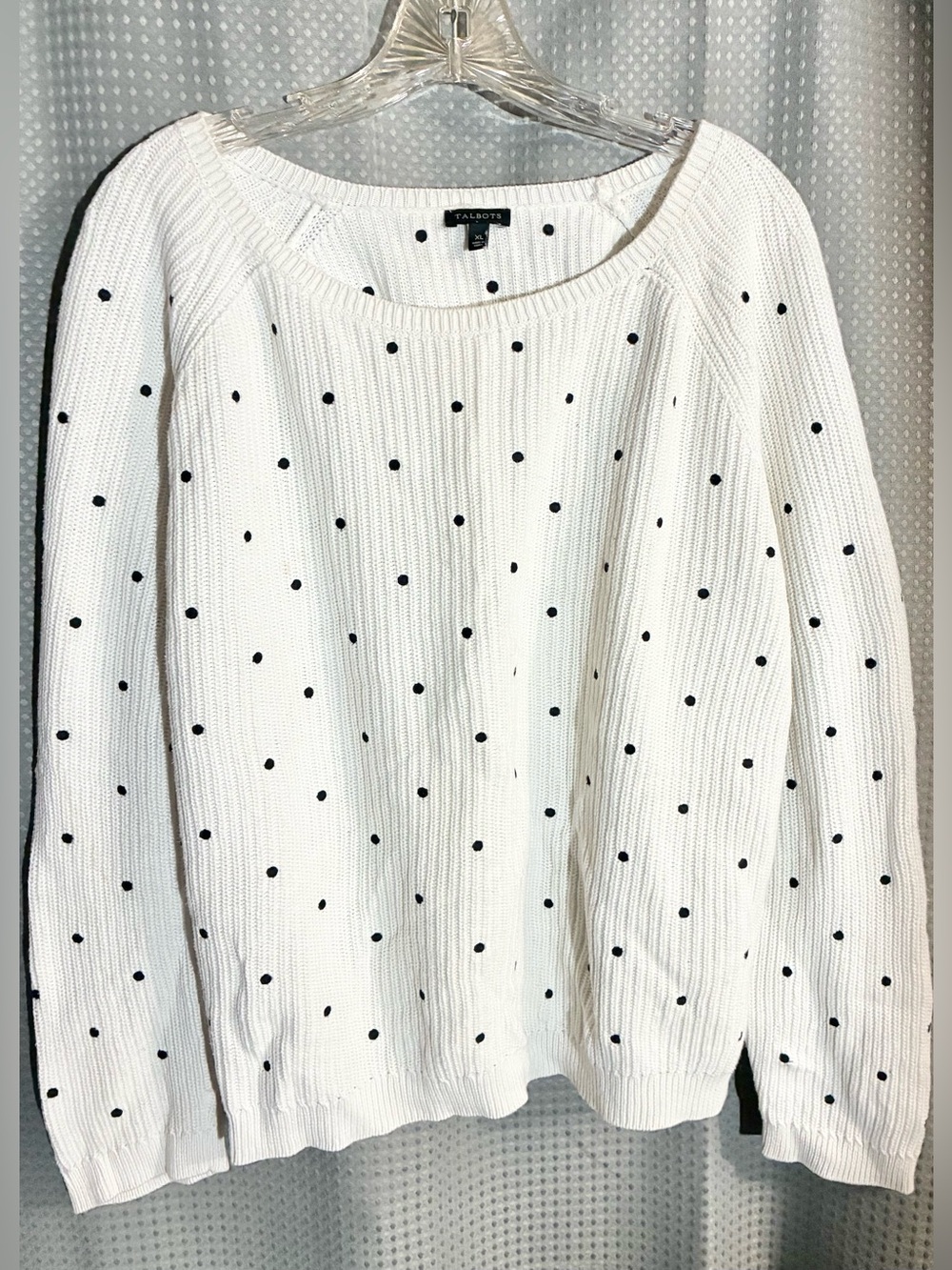 Talbots XL White Polka Dot 100% Pima Cotton Sweater Cottagecore Breathable Soft
